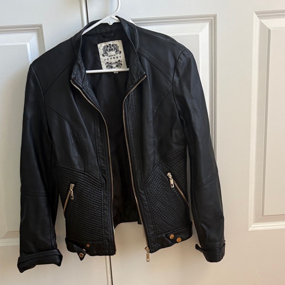 Black Faux Leather Moto Jacket with Quilted Details